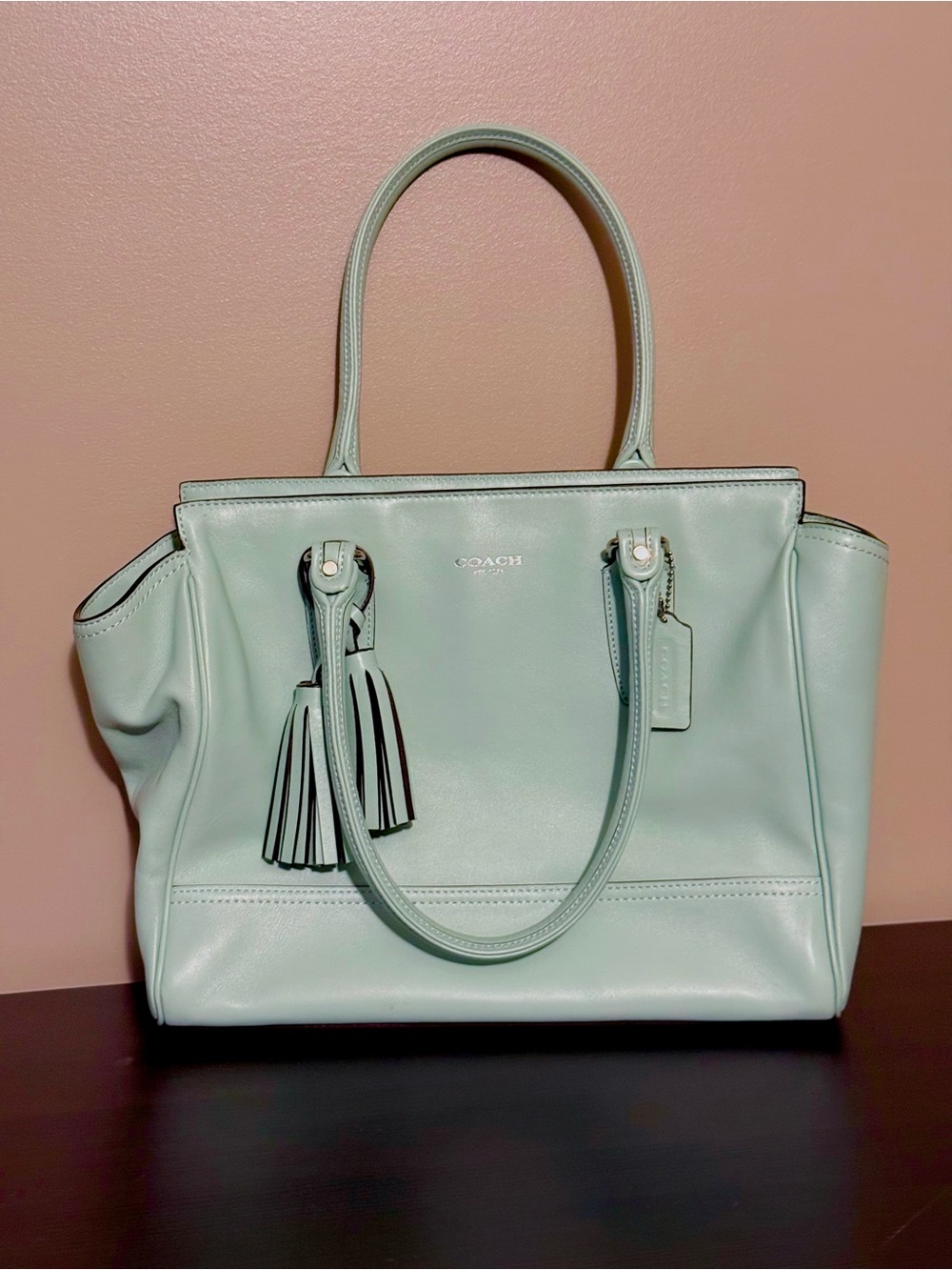 Coach Mint Green Leather Handbag with Tassel